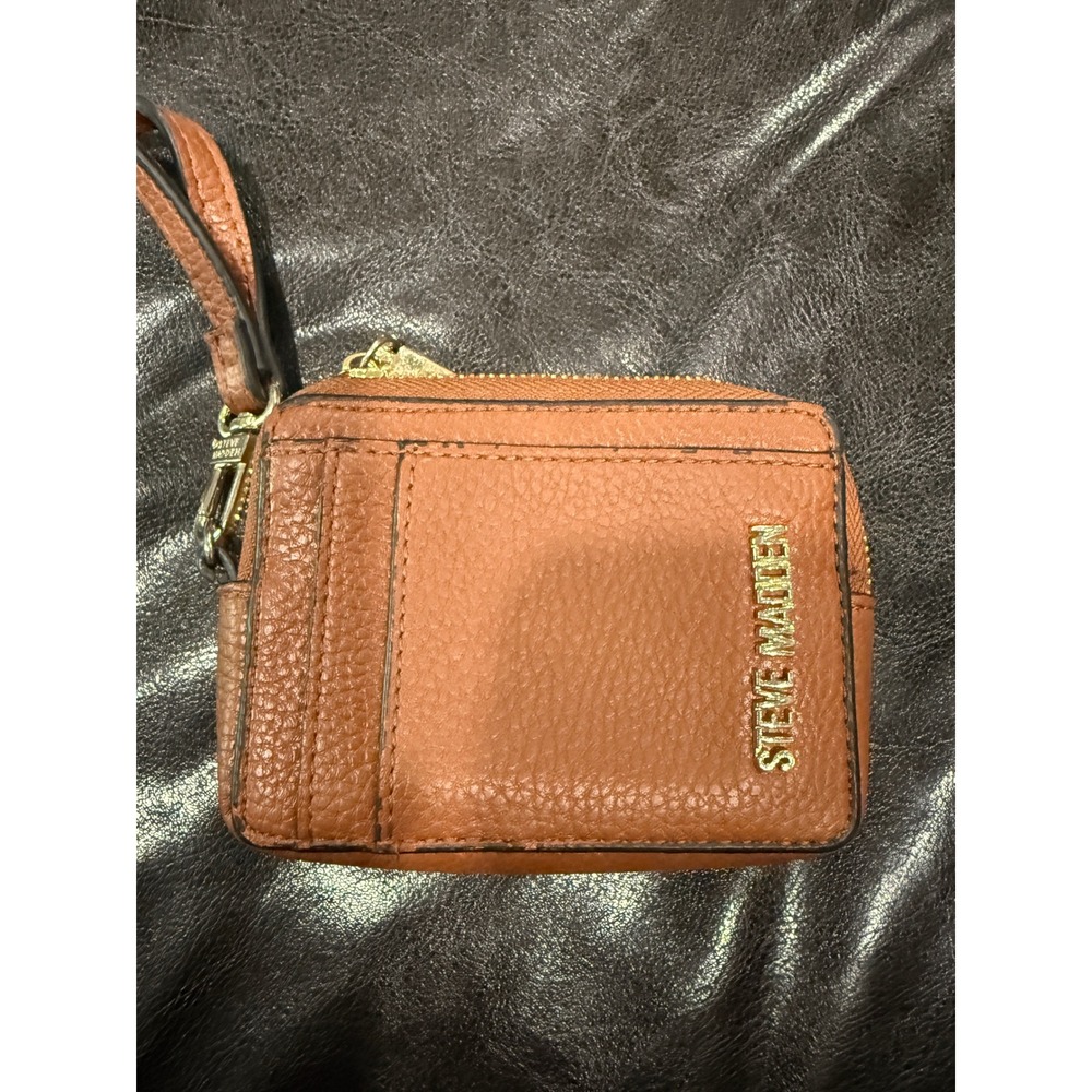 Steve‎ Madden Brown Faux Leather Zip Card Holder Wallet ID Window Wristlet